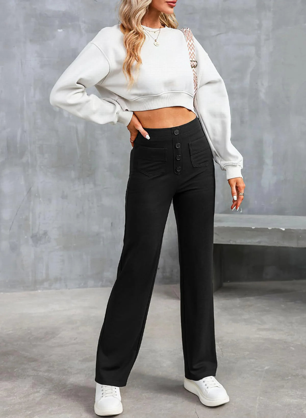 Polina™ | Button High Waist Wide Leg Trousers