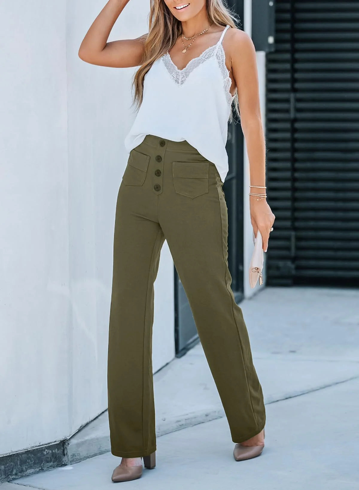 Polina™ | Button High Waist Wide Leg Trousers